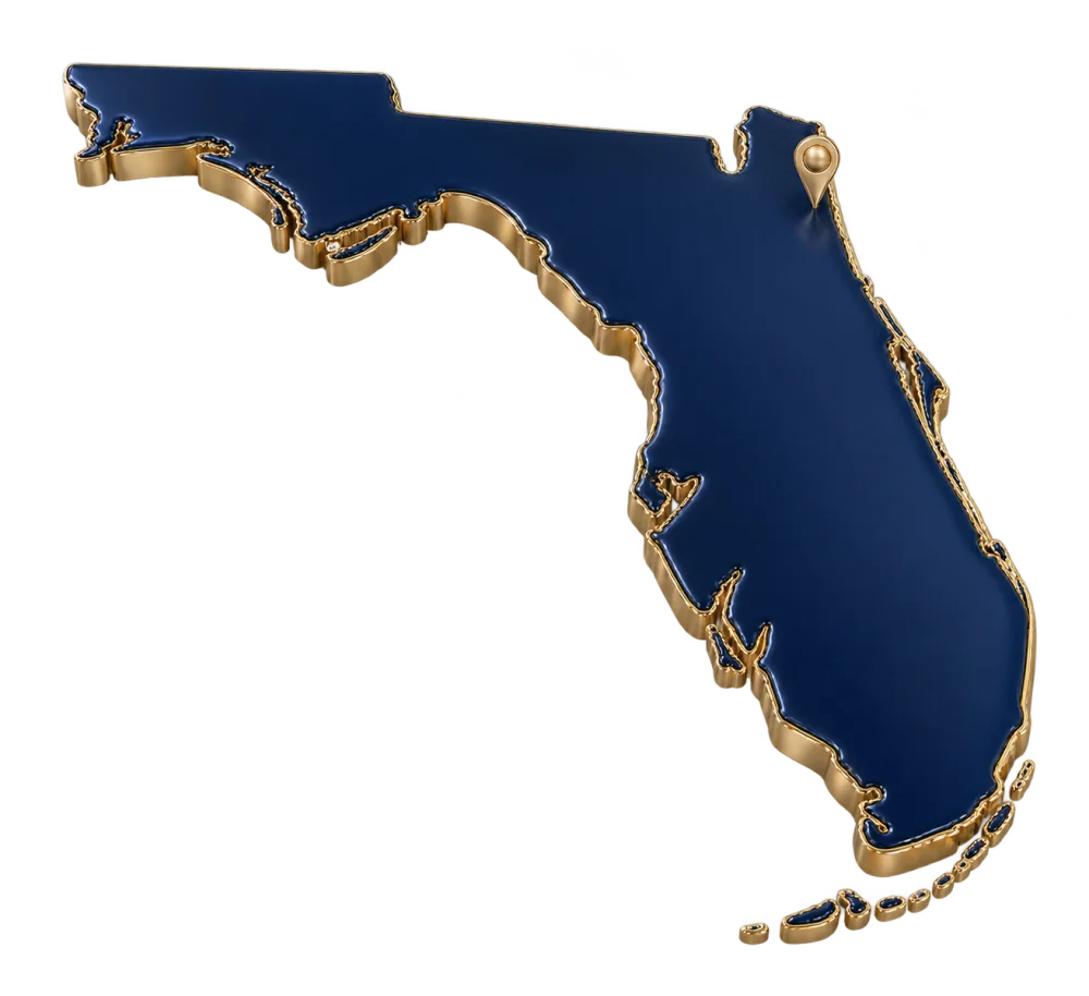 Navy and gold Florida sculpture with a pin near Jacksonville