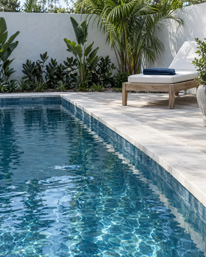 Pool surrounded by a pale stone deck and lounge seating